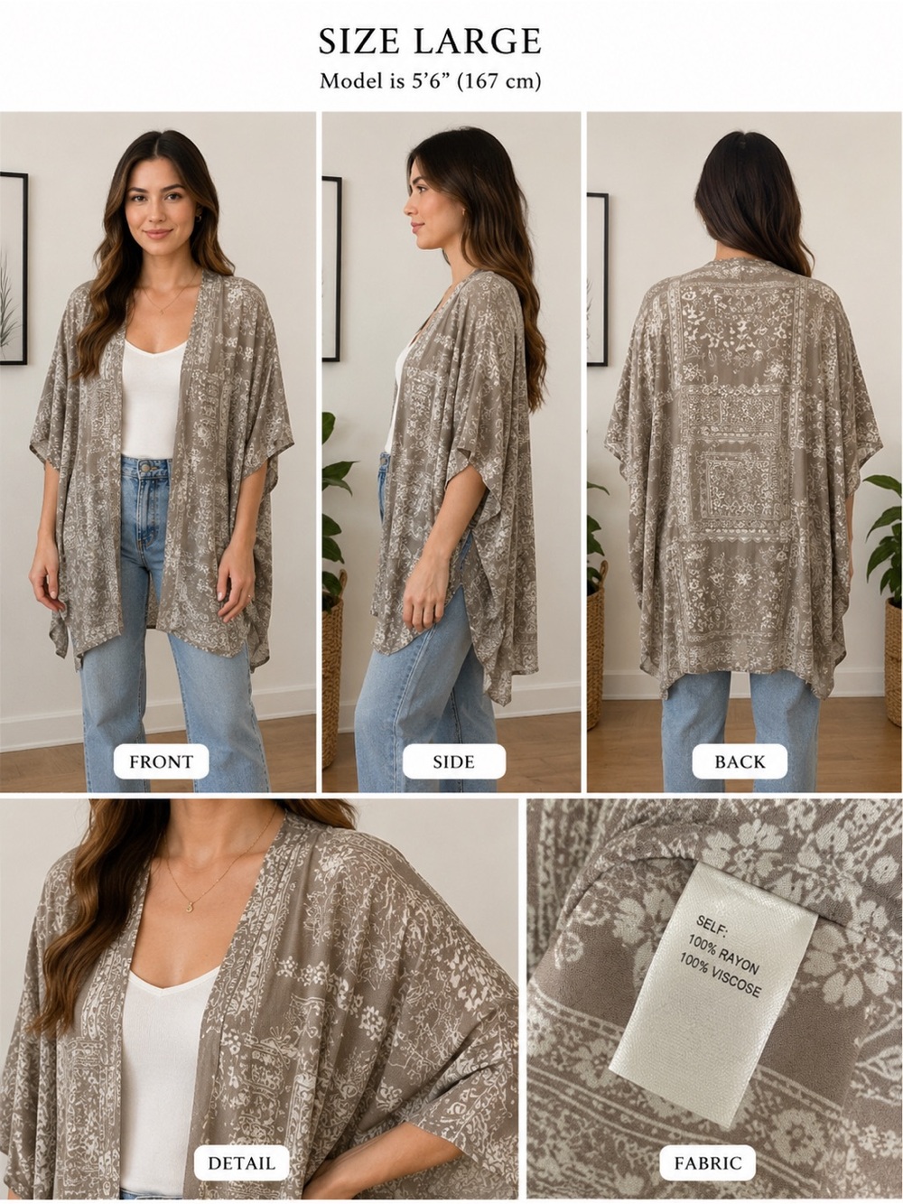 Style Rack Grey and White Printed Kimono Jacket